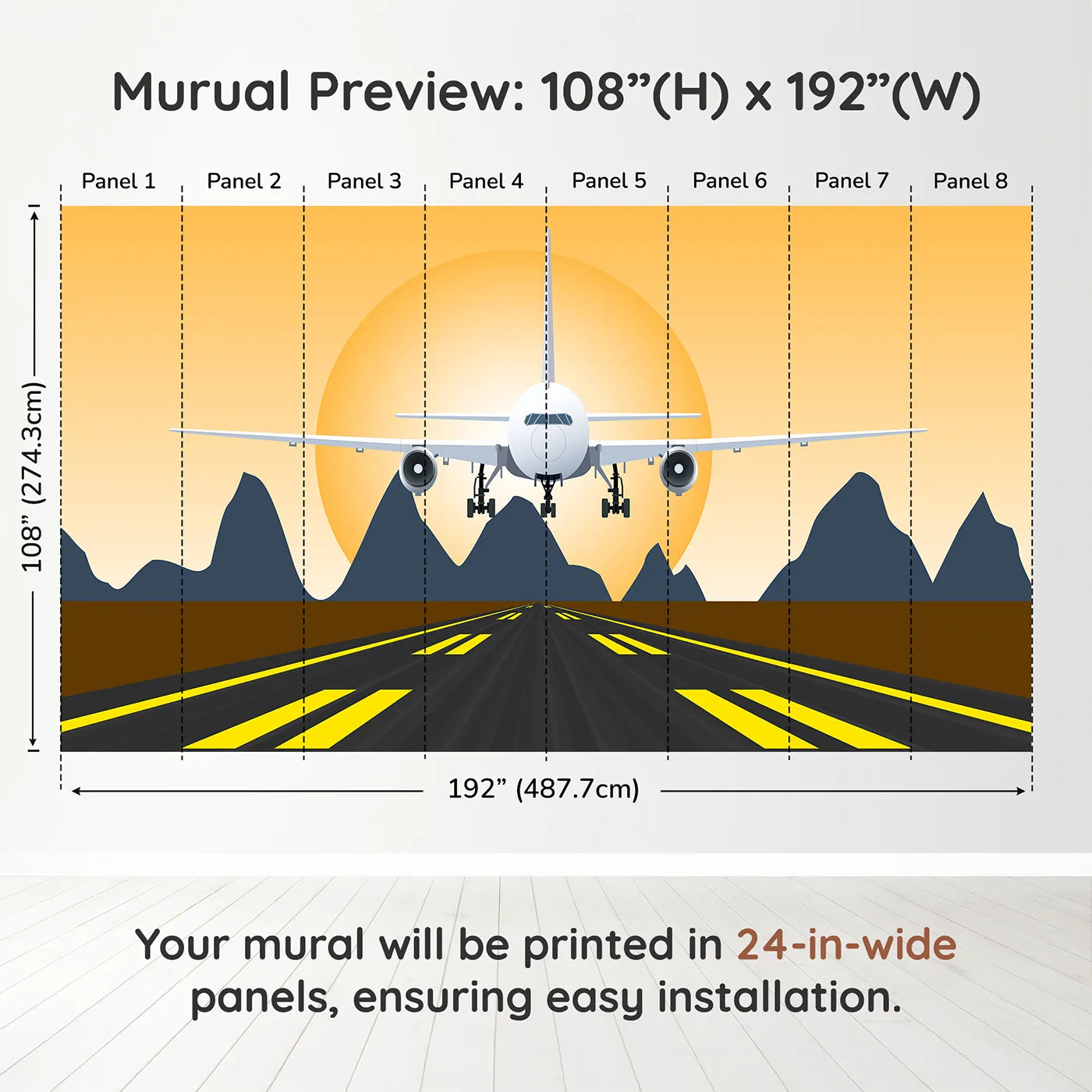 Whimsy Tots Sunset Landing Wall Muraldimension view (108" H x 192" W). Printed in eight 24-inch-wide panels. Gender-Neutral