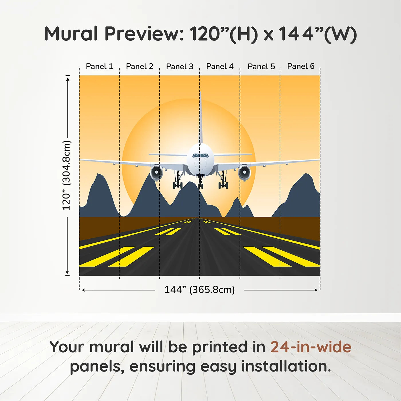 Whimsy Tots Sunset Landing Wall Muraldimension view (120" H x 144" W). Printed in six 24-inch-wide panels. Gender-Neutral