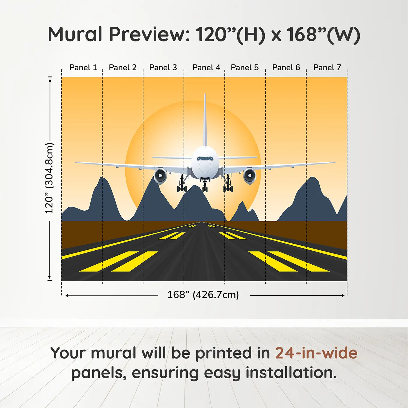 Whimsy Tots Sunset Landing Wall Muraldimension view (120" H x 168" W). Printed in seven 24-inch-wide panels. Gender-Neutral