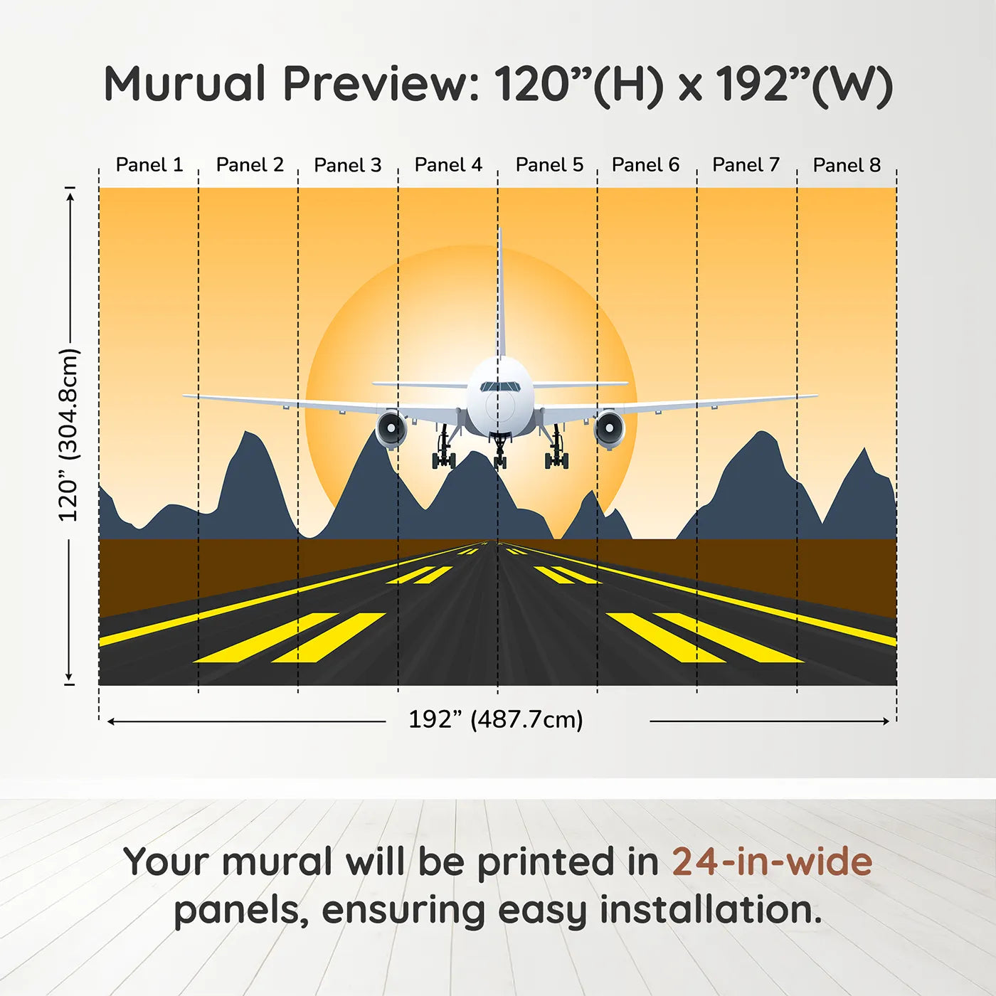 Whimsy Tots Sunset Landing Wall Muraldimension view (120" H x 192" W). Printed in eight 24-inch-wide panels. Gender-Neutral