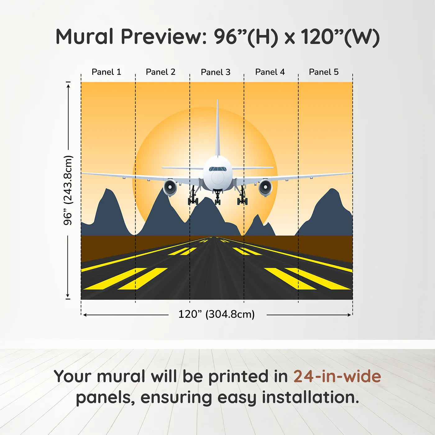 Whimsy Tots Sunset Landing Wall Muraldimension view (96" H x 120" W). Printed in five 24-inch-wide panels. Gender-Neutral