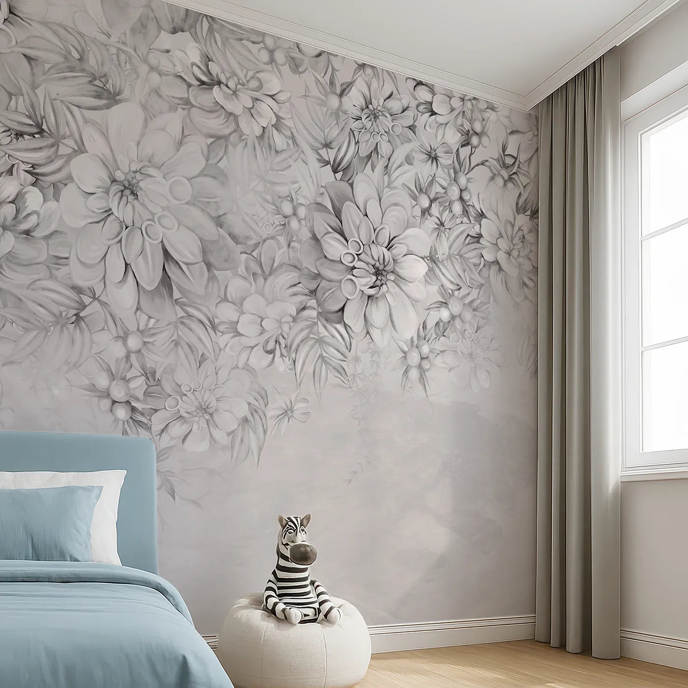 Angled view of Whimsy Tots' Monochrome Floral Dream Wall Mural (Turn Their Room into an Elegant Garden of Gray Flowers).Gender-Neutral