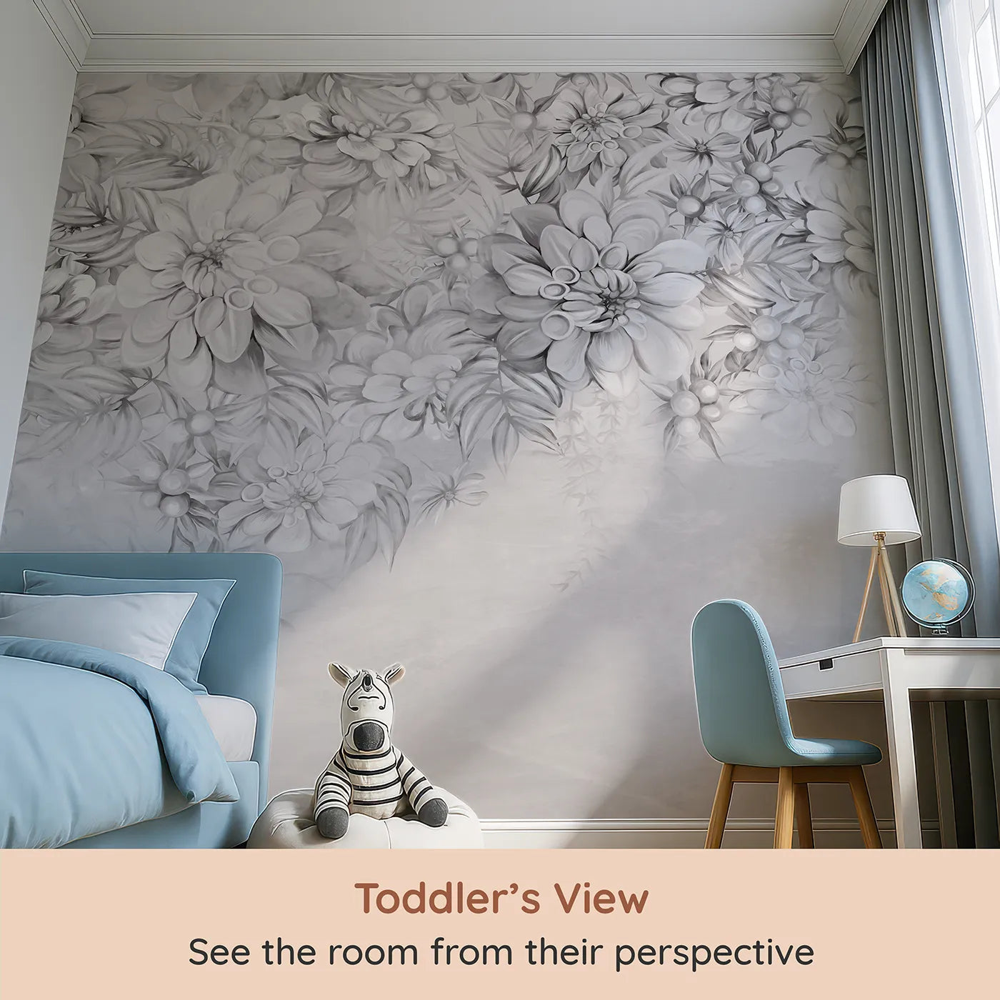 Whimsy Tots Monochrome Floral Dream Wall Mural (Turn Their Room into an Elegant Garden of Gray Flowers) from your child's view.Gender-Neutral
