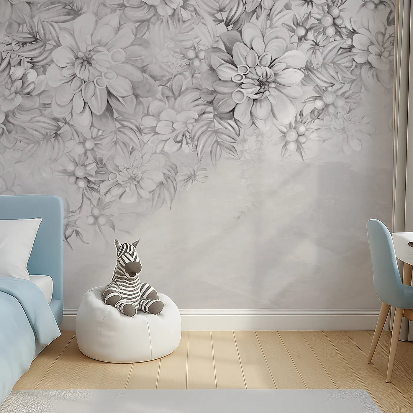 Top-down view of Whimsy Tots' Monochrome Floral Dream Wall Mural (Turn Their Room into an Elegant Garden of Gray Flowers).Gender-Neutral