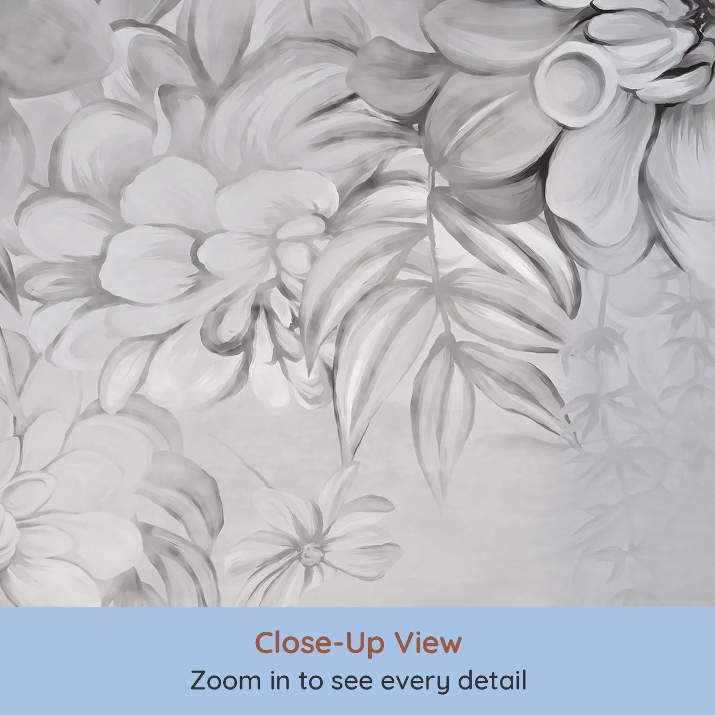 Close-up view of Whimsy Tots' Monochrome Floral Dream Wall Mural (Turn Their Room into an Elegant Garden of Gray Flowers).Gender-Neutral
