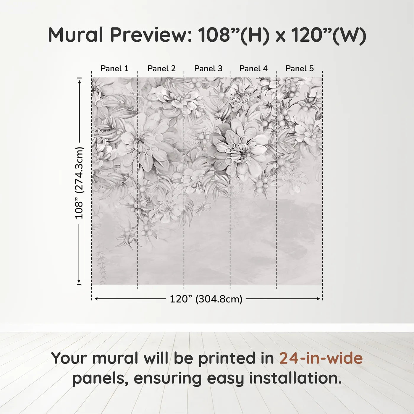 Whimsy Tots Monochrome Floral Dream Wall Muraldimension view (108" H x 120" W). Printed in five 24-inch-wide panels. Gender-Neutral