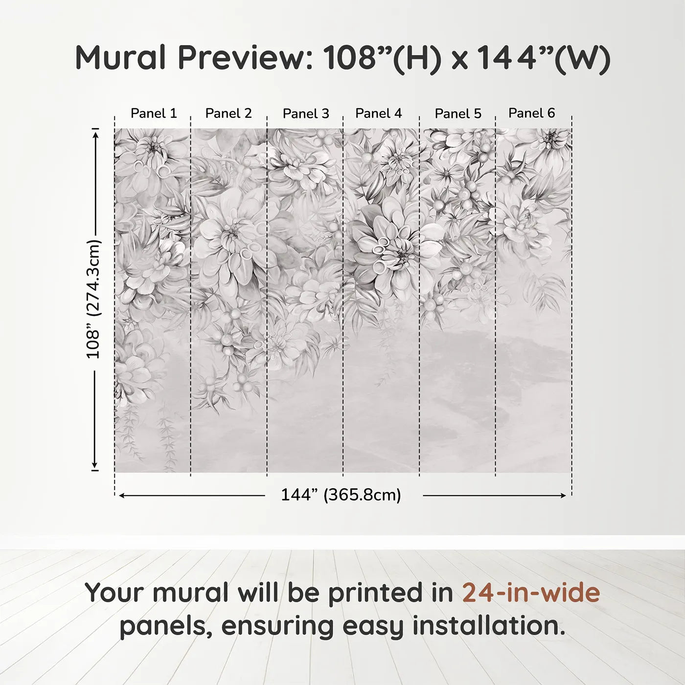 Whimsy Tots Monochrome Floral Dream Wall Muraldimension view (108" H x 144" W). Printed in six 24-inch-wide panels. Gender-Neutral