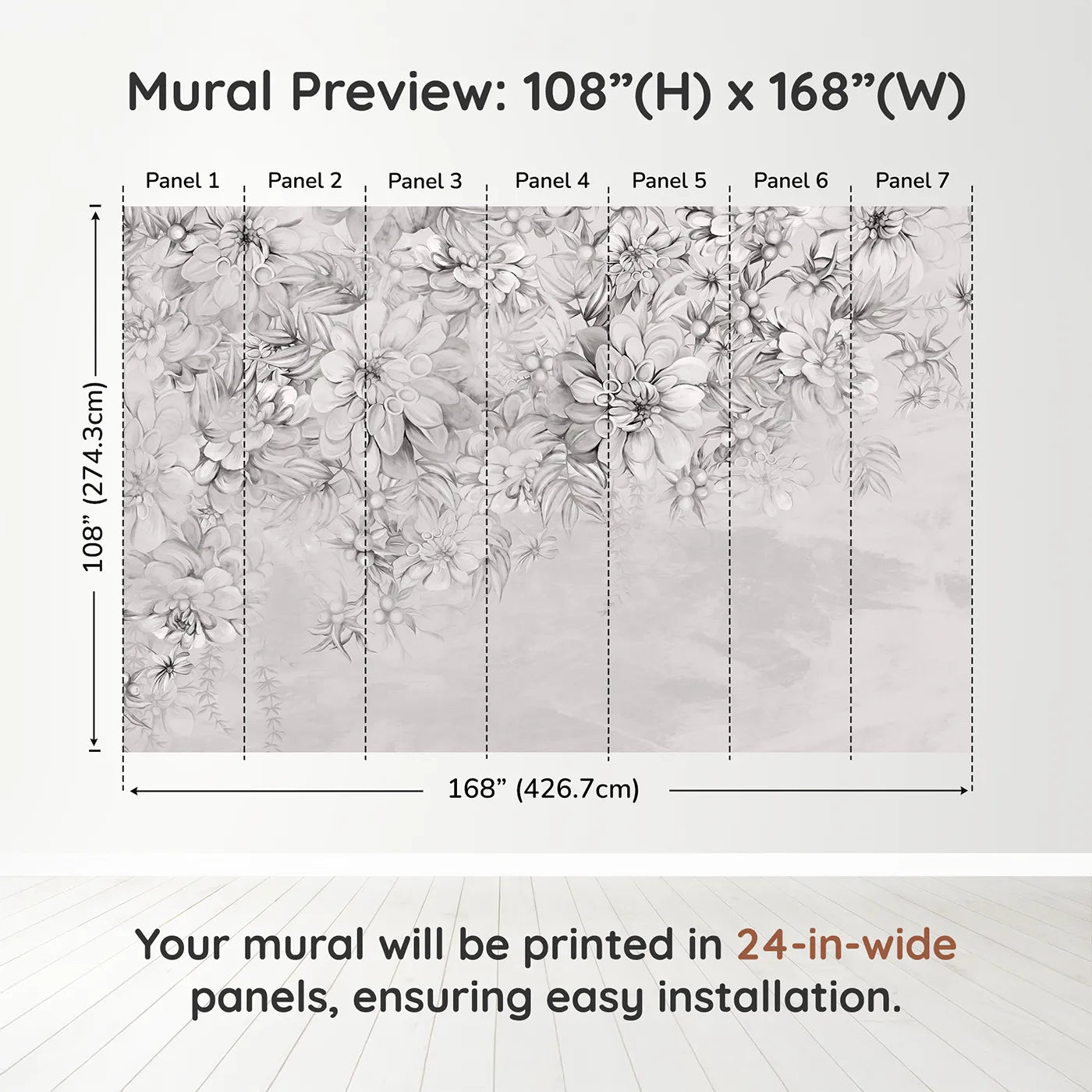 Whimsy Tots Monochrome Floral Dream Wall Muraldimension view (108" H x 168" W). Printed in seven 24-inch-wide panels. Gender-Neutral