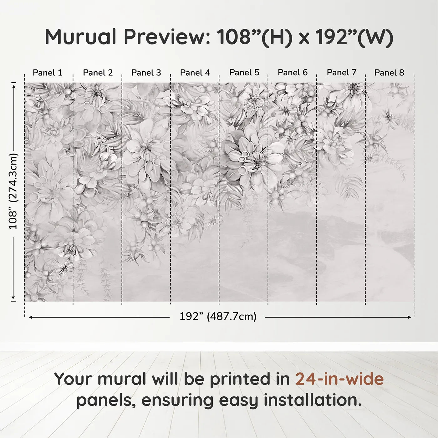 Whimsy Tots Monochrome Floral Dream Wall Muraldimension view (108" H x 192" W). Printed in eight 24-inch-wide panels. Gender-Neutral