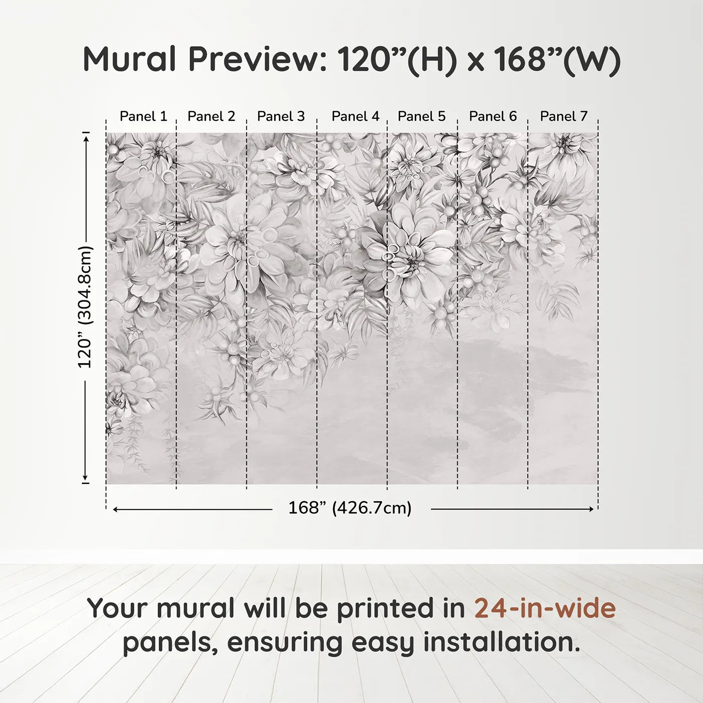 Whimsy Tots Monochrome Floral Dream Wall Muraldimension view (120" H x 168" W). Printed in seven 24-inch-wide panels. Gender-Neutral