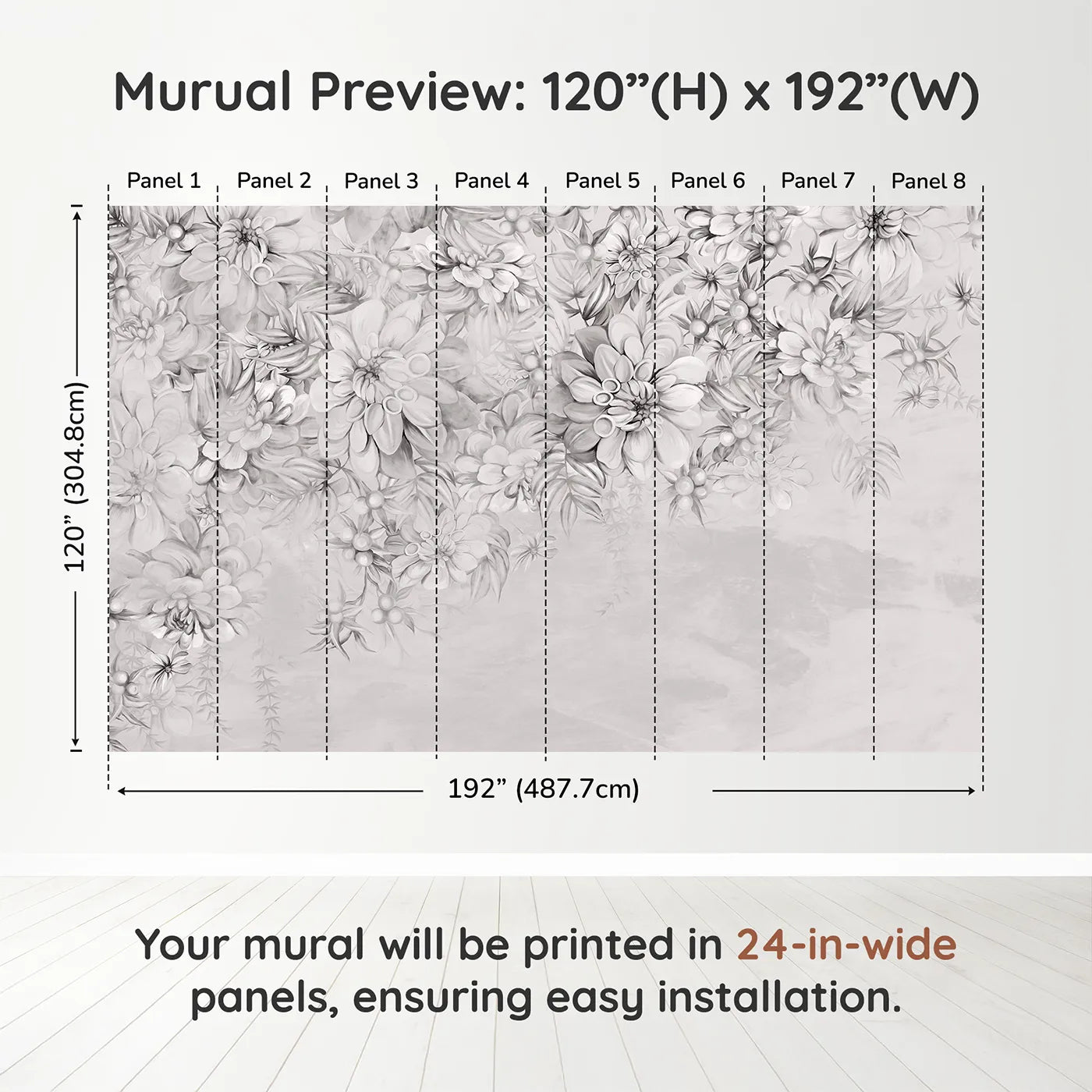 Whimsy Tots Monochrome Floral Dream Wall Muraldimension view (120" H x 192" W). Printed in eight 24-inch-wide panels. Gender-Neutral