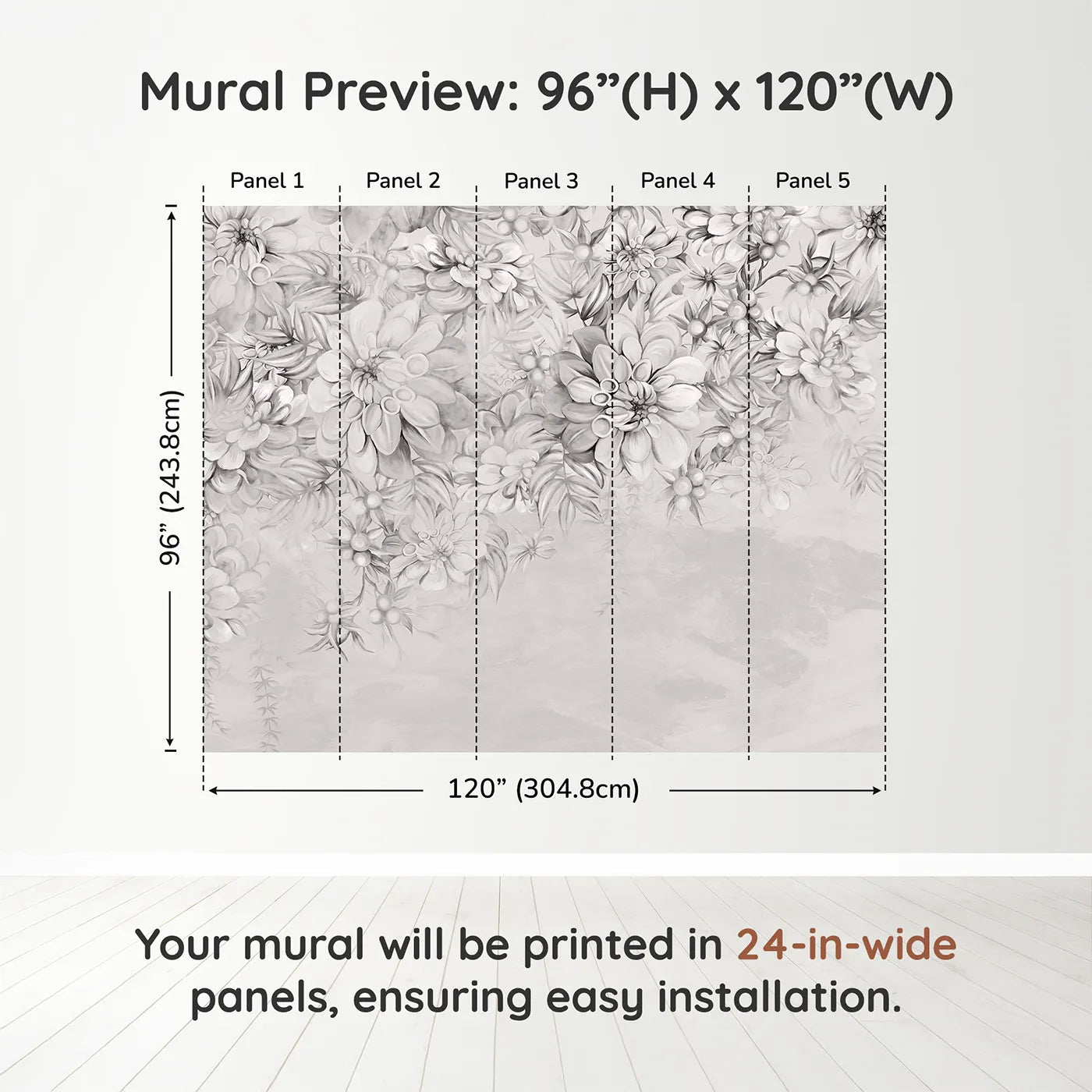 Whimsy Tots Monochrome Floral Dream Wall Muraldimension view (96" H x 120" W). Printed in five 24-inch-wide panels. Gender-Neutral