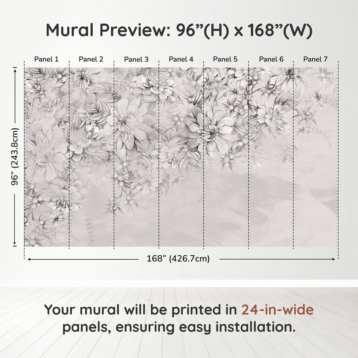 Whimsy Tots Monochrome Floral Dream Wall Muraldimension view (96" H x 168" W). Printed in seven 24-inch-wide panels. Gender-Neutral