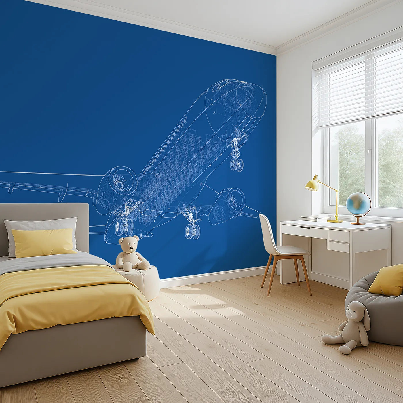 Angled view of Whimsy Tots' Airplane Blueprint Wall Mural (Turn Their Room into a Cool, High-Tech Hangar).Gender-Neutral