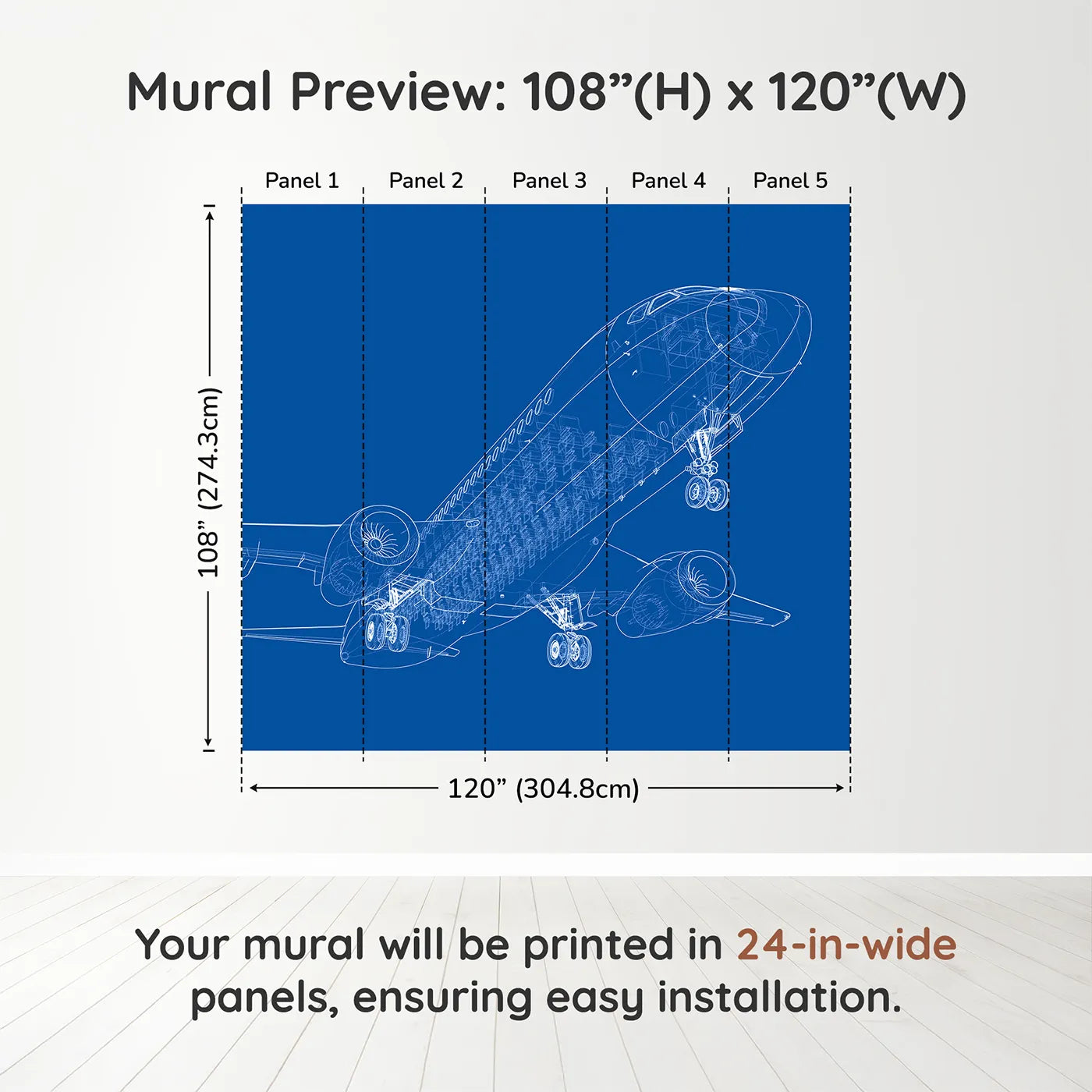 Whimsy Tots Airplane Blueprint Wall Muraldimension view (108" H x 120" W). Printed in five 24-inch-wide panels. Gender-Neutral