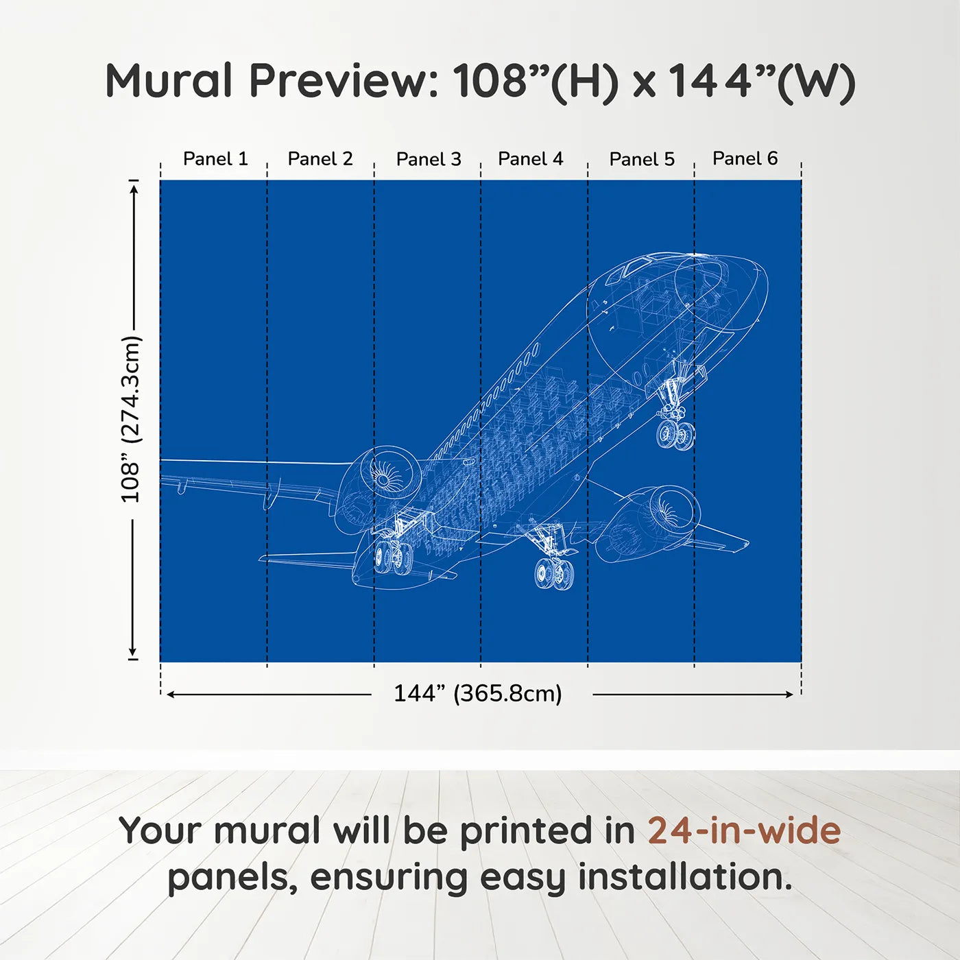 Whimsy Tots Airplane Blueprint Wall Muraldimension view (108" H x 144" W). Printed in six 24-inch-wide panels. Gender-Neutral