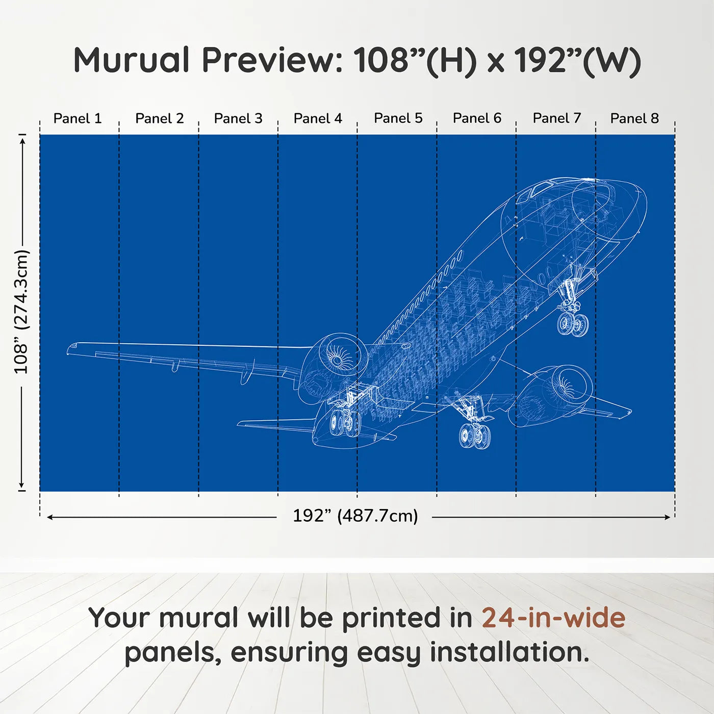 Whimsy Tots Airplane Blueprint Wall Muraldimension view (108" H x 192" W). Printed in eight 24-inch-wide panels. Gender-Neutral