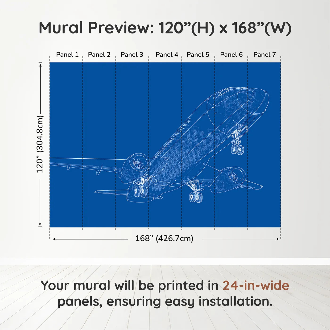 Whimsy Tots Airplane Blueprint Wall Muraldimension view (120" H x 168" W). Printed in seven 24-inch-wide panels. Gender-Neutral