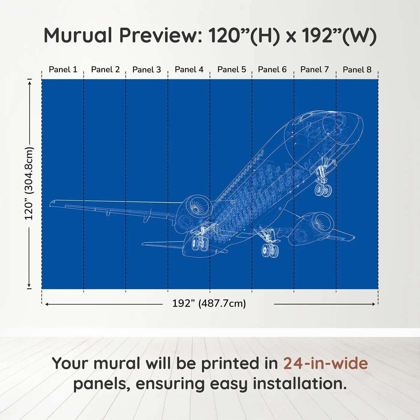 Whimsy Tots Airplane Blueprint Wall Muraldimension view (120" H x 192" W). Printed in eight 24-inch-wide panels. Gender-Neutral