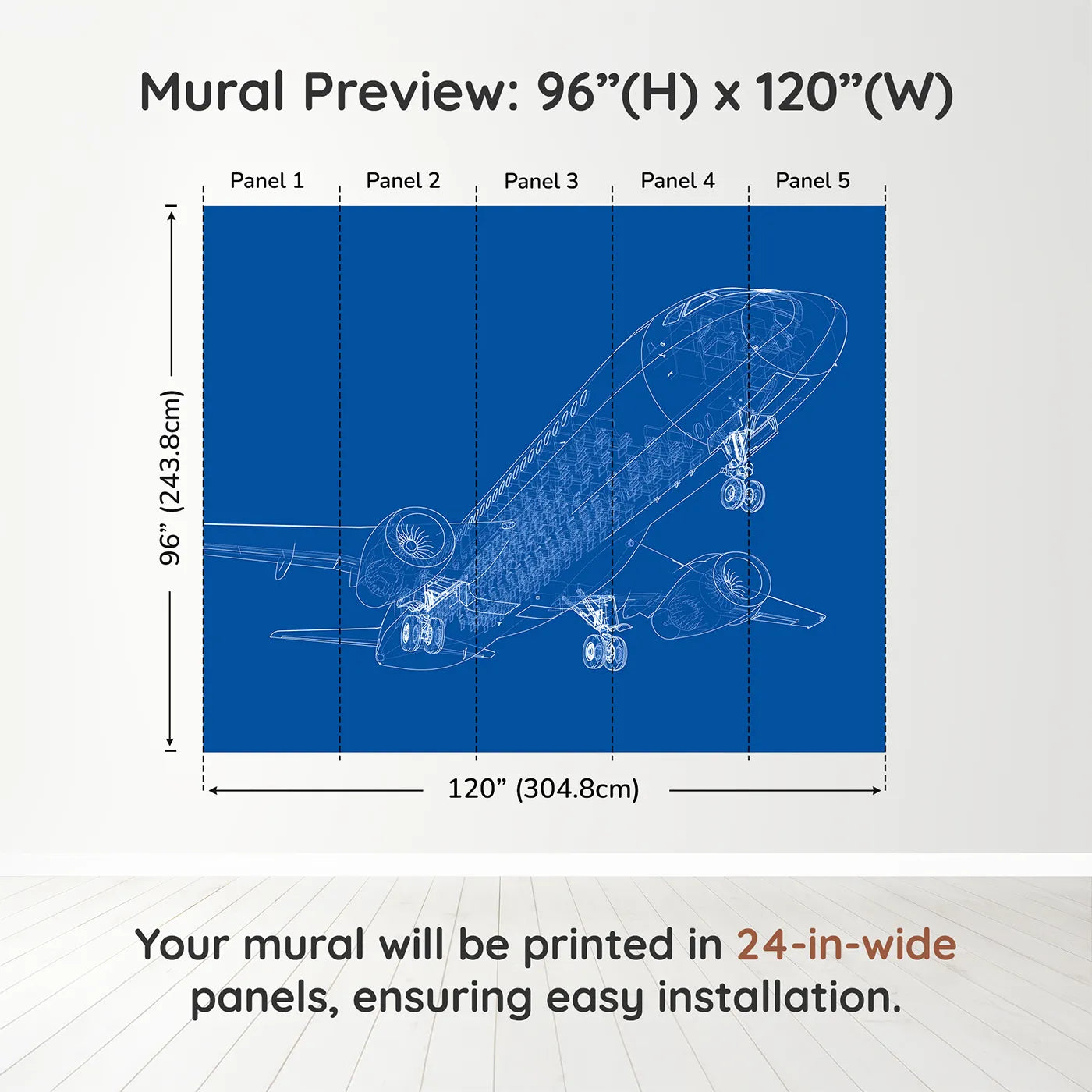 Whimsy Tots Airplane Blueprint Wall Muraldimension view (96" H x 120" W). Printed in five 24-inch-wide panels. Gender-Neutral