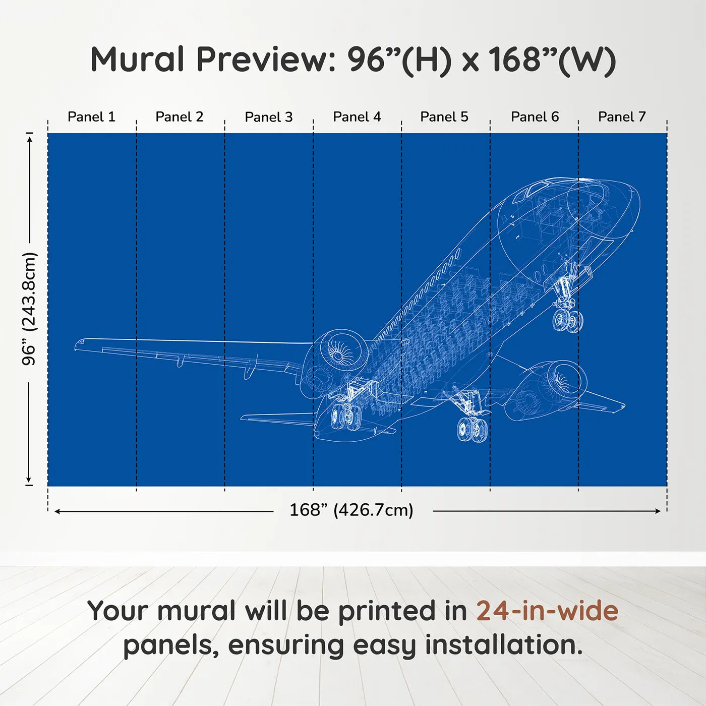 Whimsy Tots Airplane Blueprint Wall Muraldimension view (96" H x 168" W). Printed in seven 24-inch-wide panels. Gender-Neutral