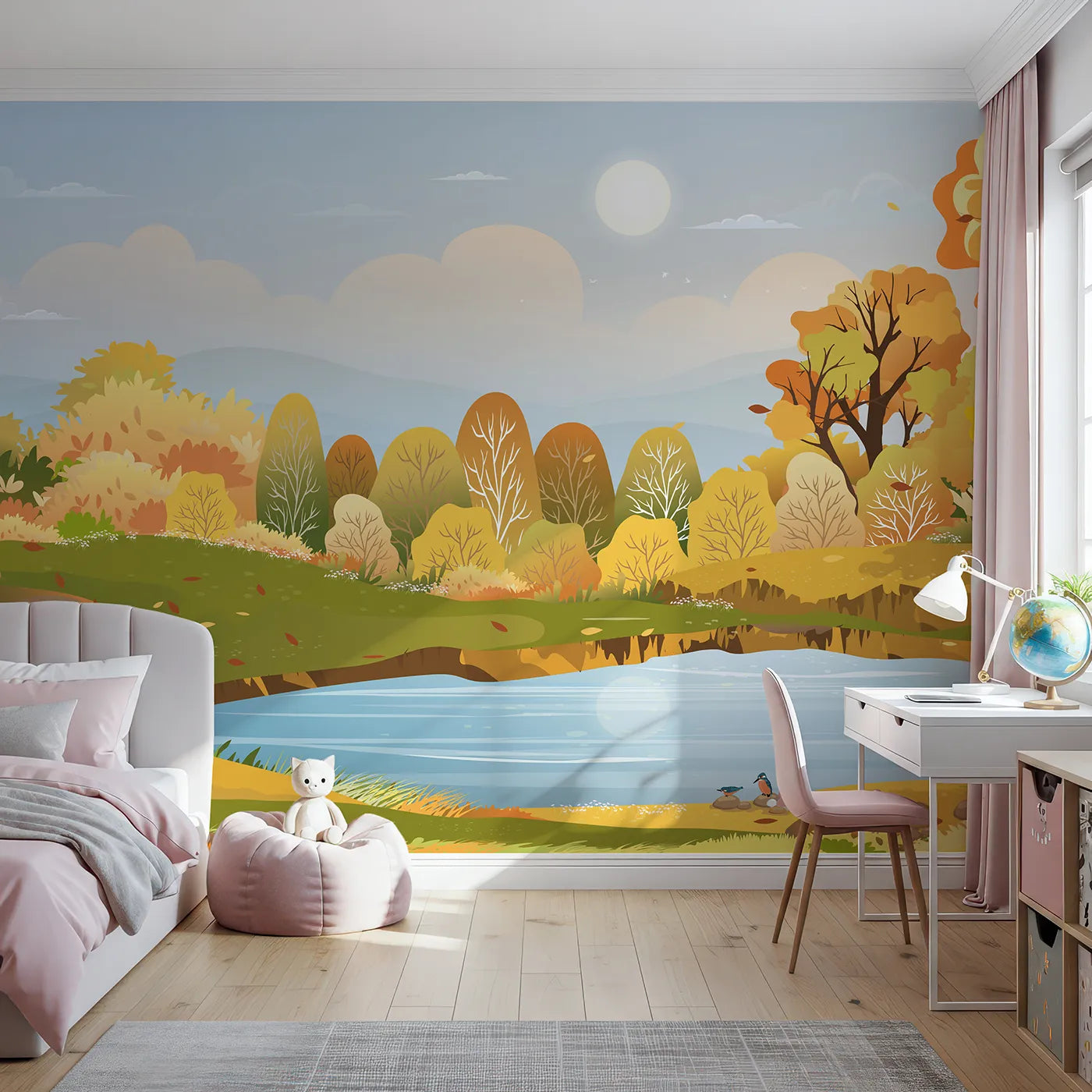 Front view of Whimsy Tots' Autumn Lakeside Wall Mural