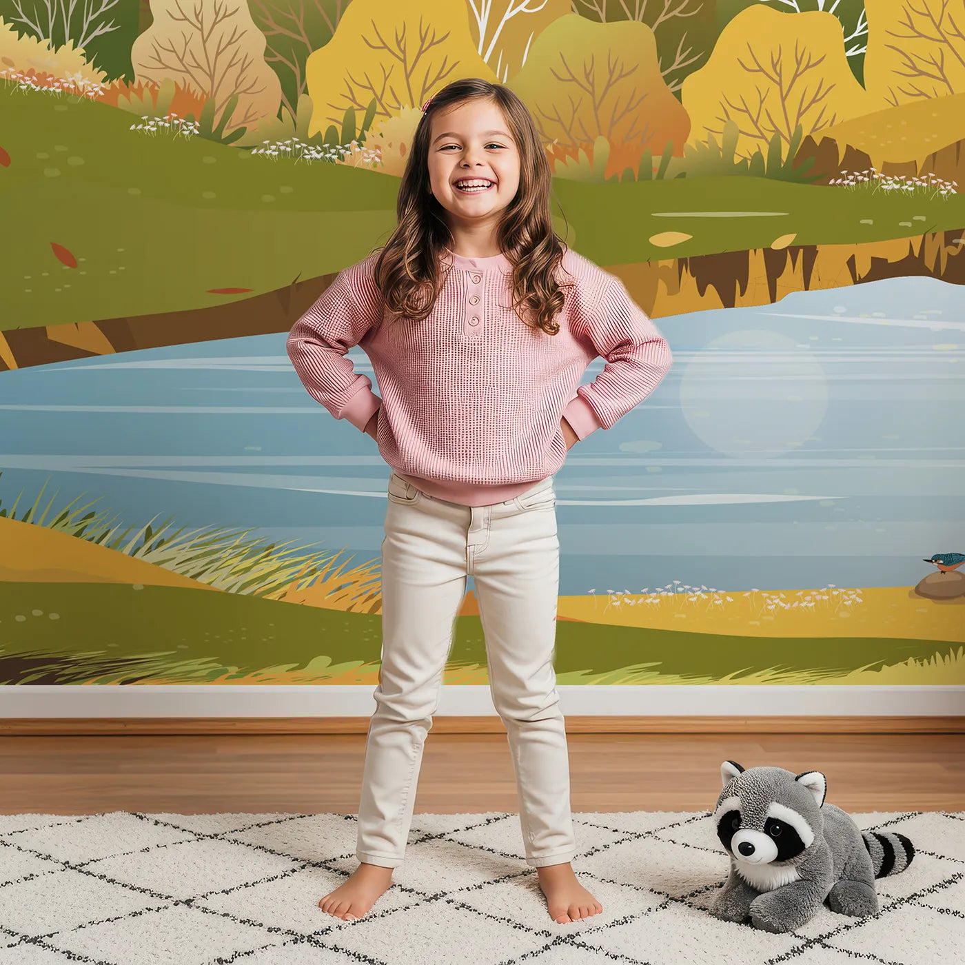 Child in front of Whimsy Tots Autumn Lakeside Wall Mural with autumn, landscape, pond, lake, tree, fall, orange, yellow in design.