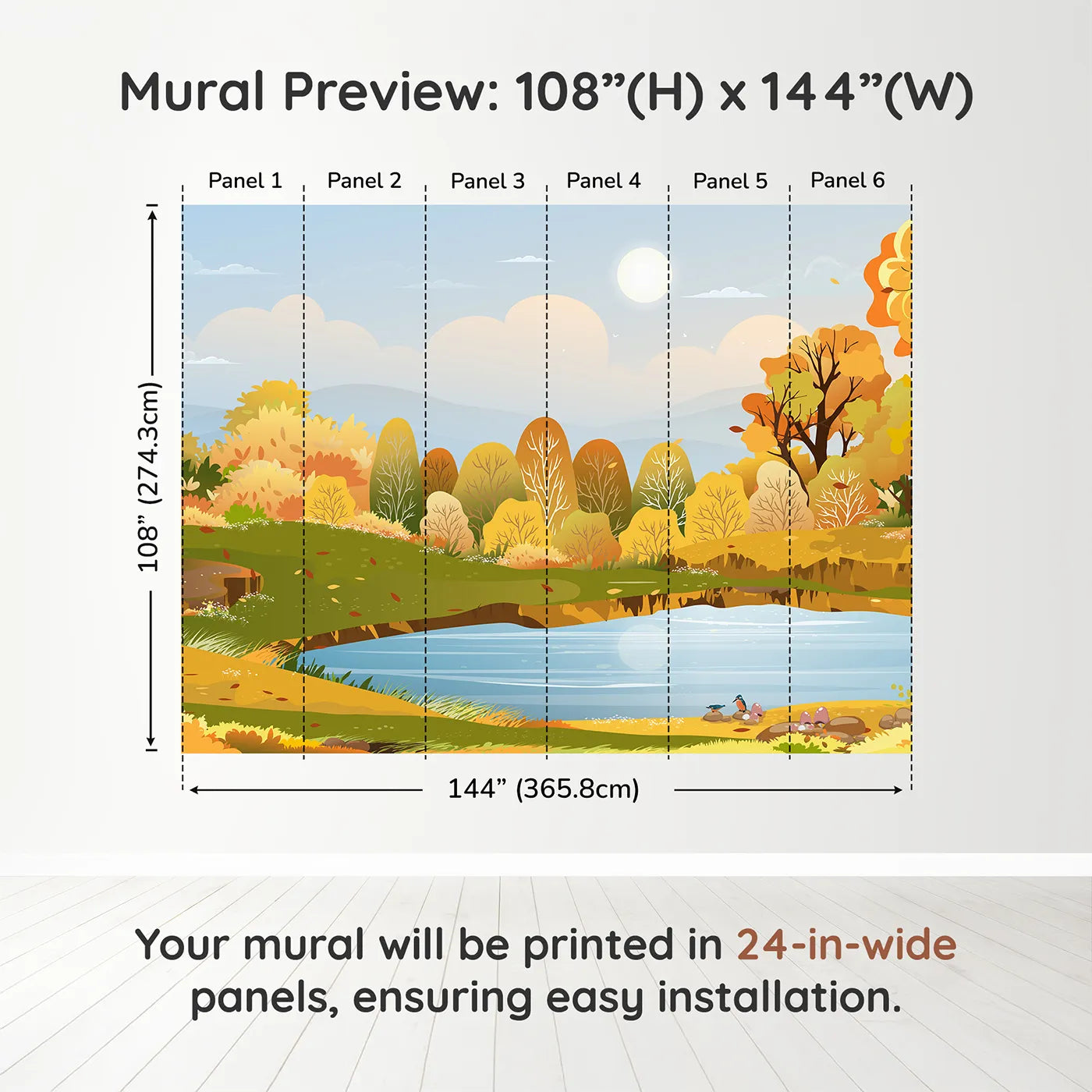 Whimsy Tots Autumn Lakeside Wall Muraldimension view (108" H x 144" W). Printed in six 24-inch-wide panels. Gender-Neutral