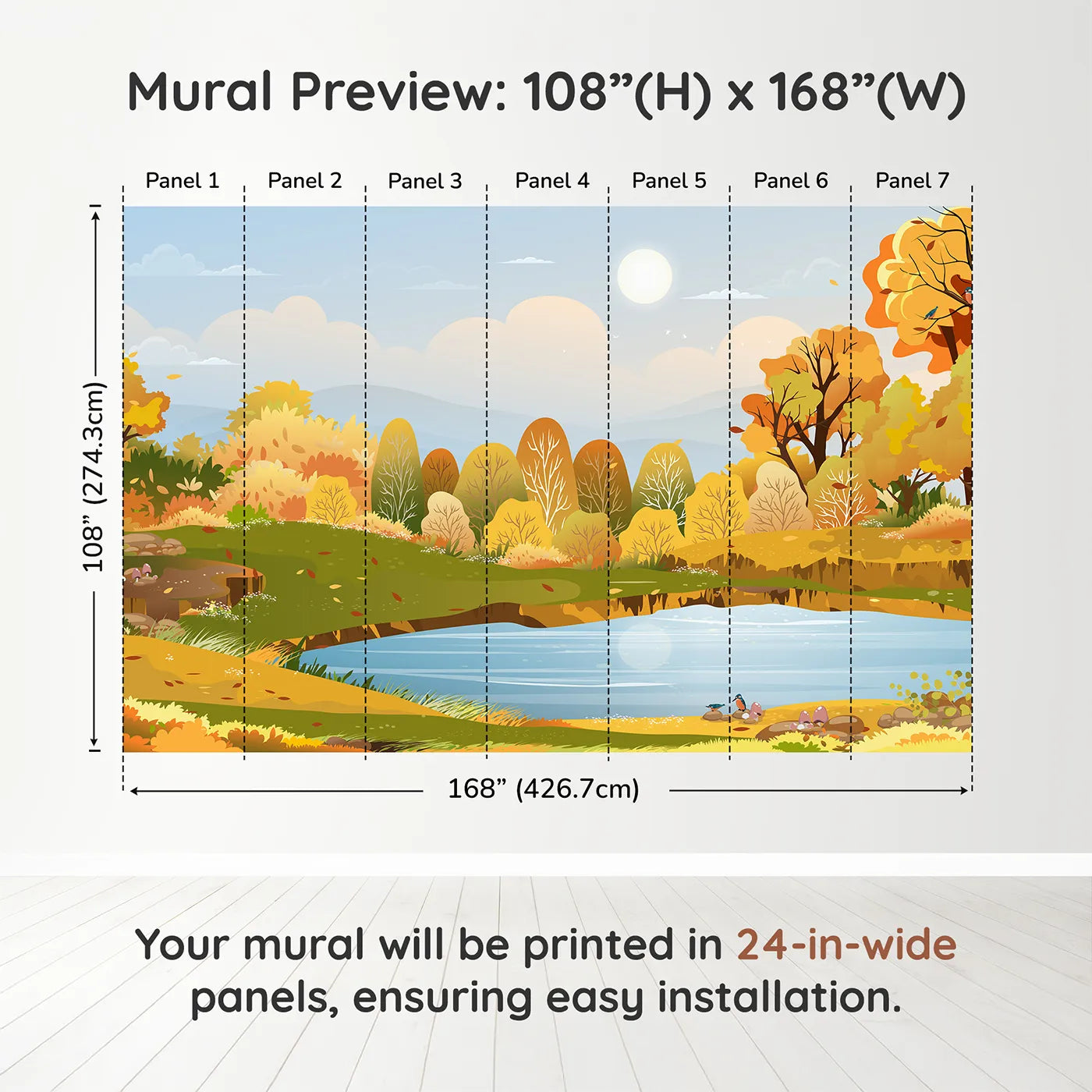 Whimsy Tots Autumn Lakeside Wall Muraldimension view (108" H x 168" W). Printed in seven 24-inch-wide panels. Gender-Neutral