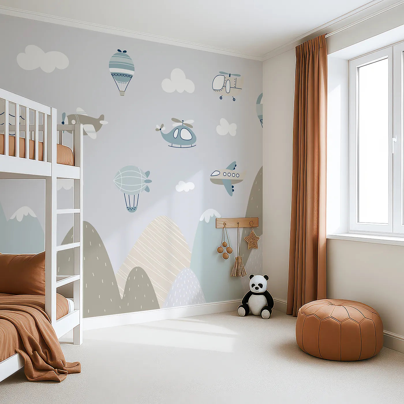Angled view of Whimsy Tots' Scandinavian Sky Fleet Wall Mural (Turn Their Room into a Calm and Modern Air Show).Gender-Neutral