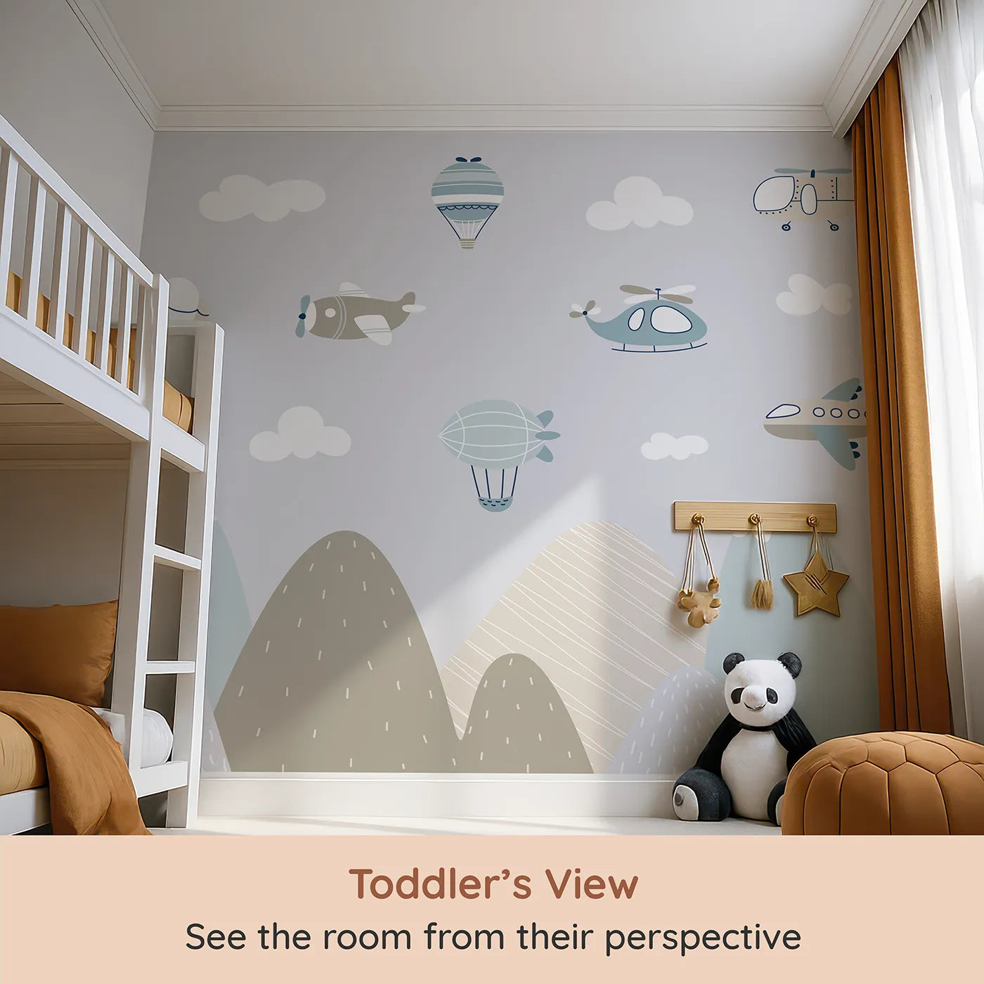 Whimsy Tots Scandinavian Sky Fleet Wall Mural (Turn Their Room into a Calm and Modern Air Show) from your child's view.Gender-Neutral