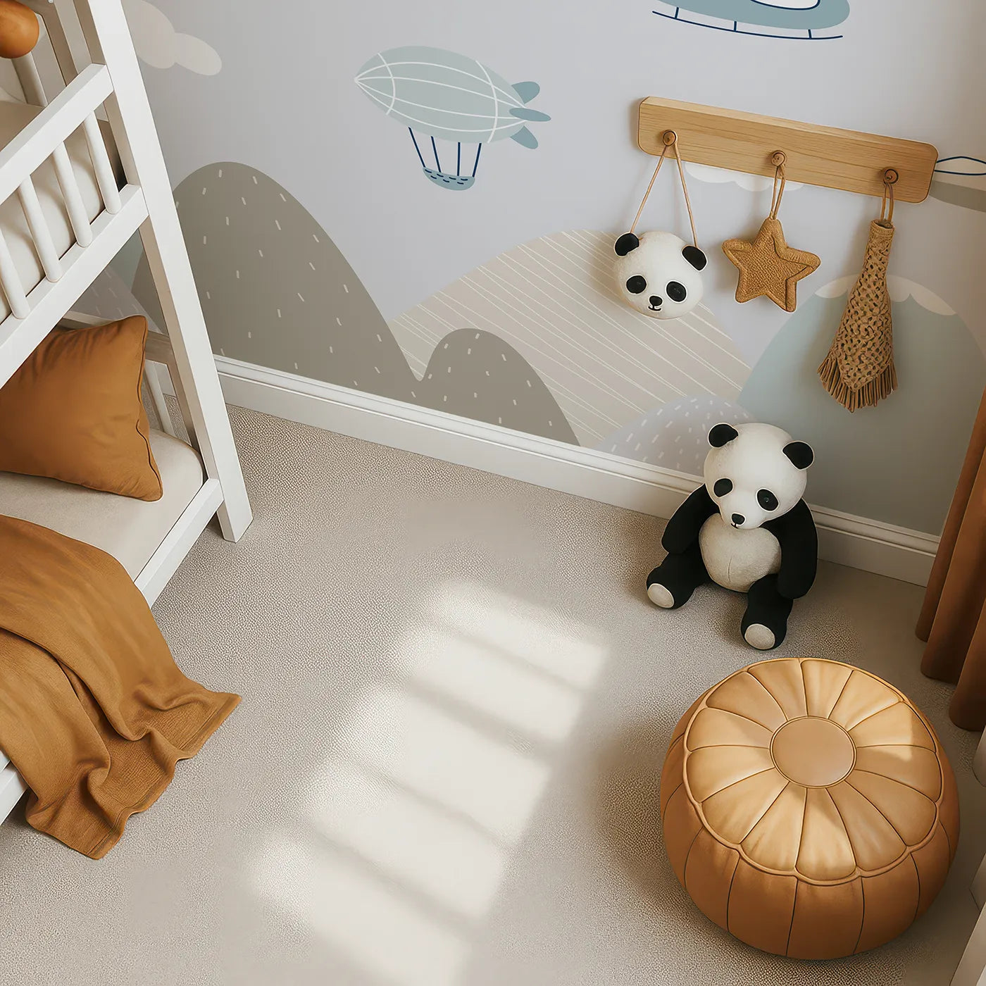 Top-down view of Whimsy Tots' Scandinavian Sky Fleet Wall Mural (Turn Their Room into a Calm and Modern Air Show).Gender-Neutral
