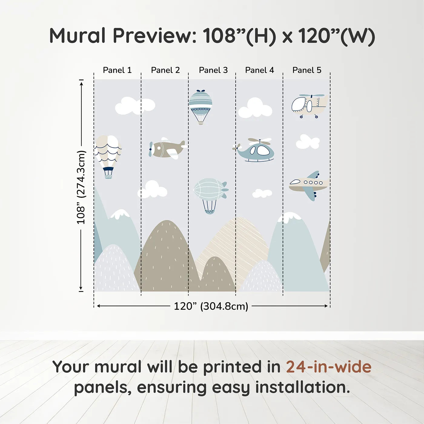 Whimsy Tots Scandinavian Sky Fleet Wall Muraldimension view (108" H x 120" W). Printed in five 24-inch-wide panels. Gender-Neutral