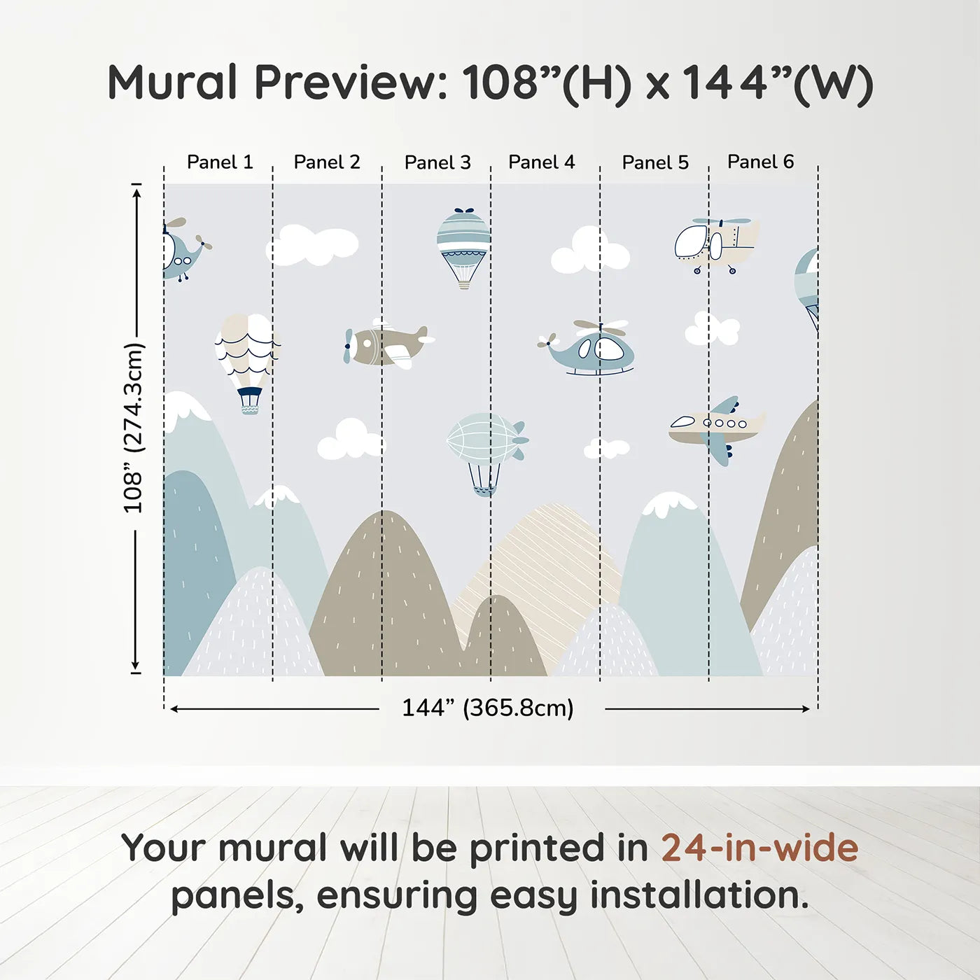 Whimsy Tots Scandinavian Sky Fleet Wall Muraldimension view (108" H x 144" W). Printed in six 24-inch-wide panels. Gender-Neutral