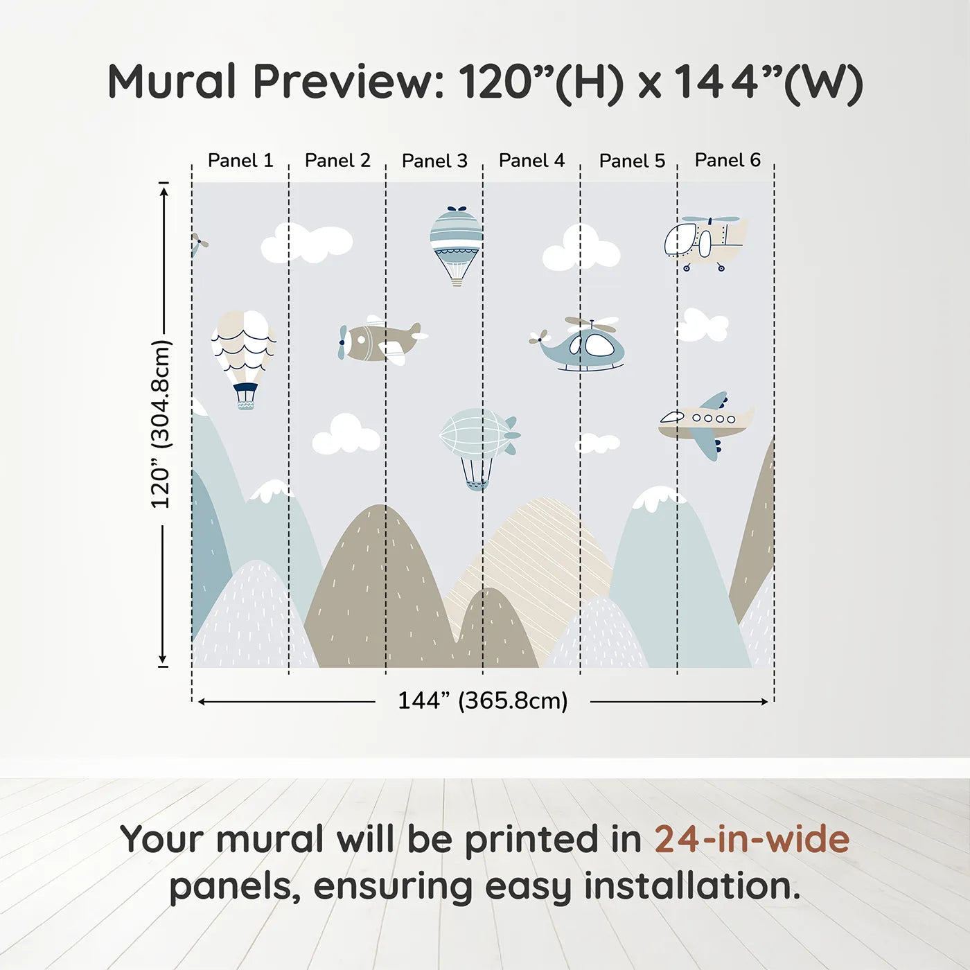 Whimsy Tots Scandinavian Sky Fleet Wall Muraldimension view (120" H x 144" W). Printed in six 24-inch-wide panels. Gender-Neutral