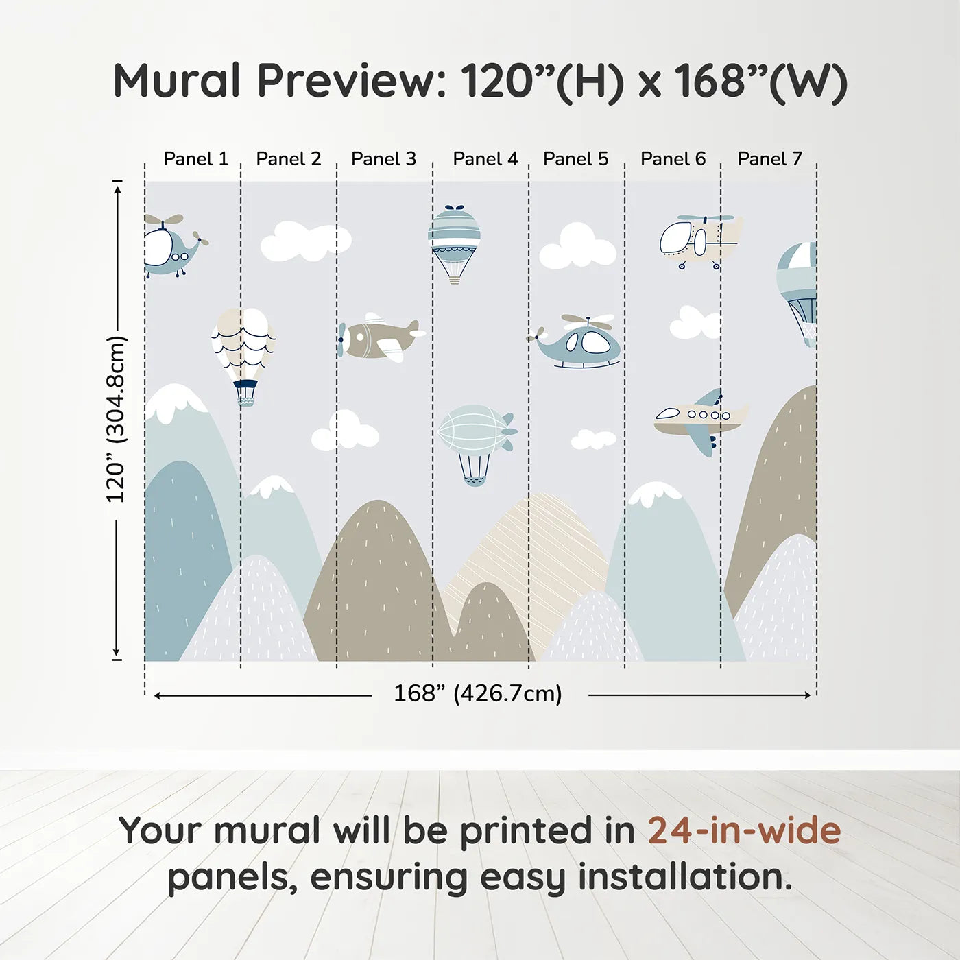 Whimsy Tots Scandinavian Sky Fleet Wall Muraldimension view (120" H x 168" W). Printed in seven 24-inch-wide panels. Gender-Neutral