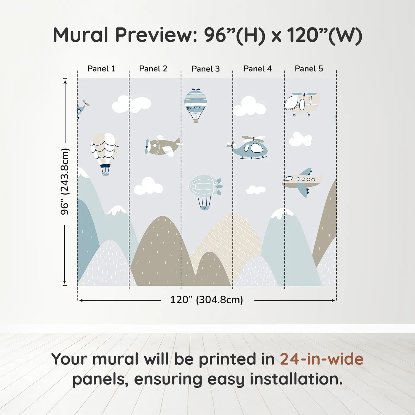 Whimsy Tots Scandinavian Sky Fleet Wall Muraldimension view (96" H x 120" W). Printed in five 24-inch-wide panels. Gender-Neutral