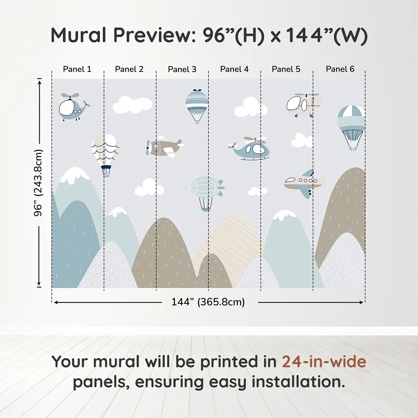 Whimsy Tots Scandinavian Sky Fleet Wall Muraldimension view (96" H x 144" W). Printed in six 24-inch-wide panels. Gender-Neutral