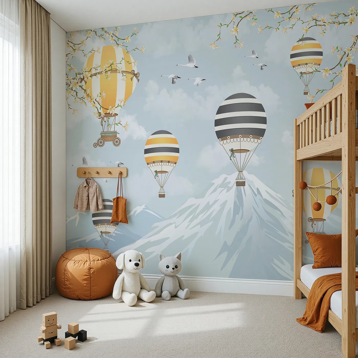 Angled view of Whimsy Tots' Vintage Balloon Festival Wall Mural (Turn Their Room into a Grand Mountain Air Show).Gender-Neutral