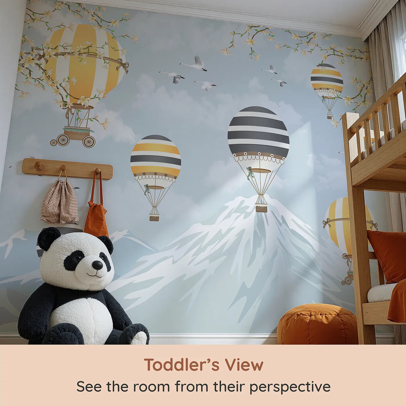 Whimsy Tots Vintage Balloon Festival Wall Mural (Turn Their Room into a Grand Mountain Air Show) from your child's view.Gender-Neutral