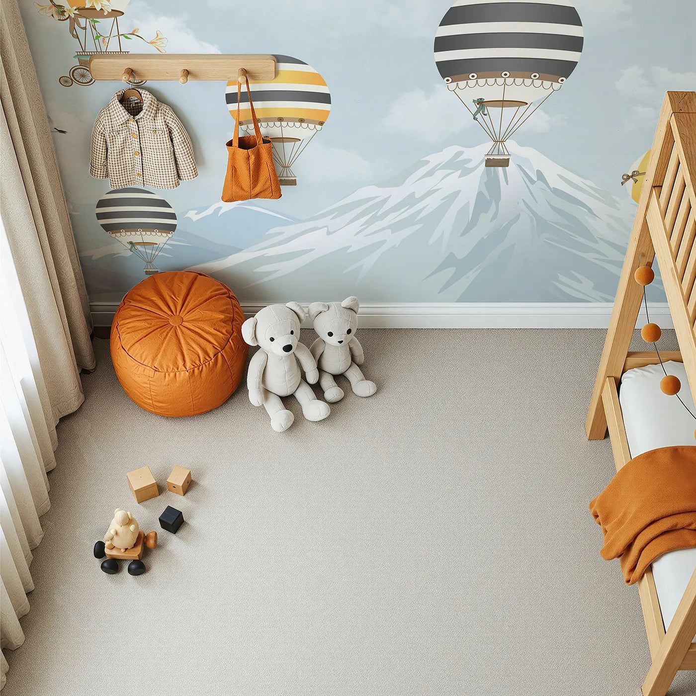 Top-down view of Whimsy Tots' Vintage Balloon Festival Wall Mural (Turn Their Room into a Grand Mountain Air Show).Gender-Neutral