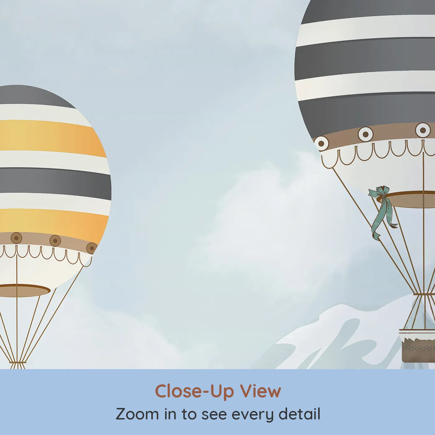 Close-up view of Whimsy Tots' Vintage Balloon Festival Wall Mural (Turn Their Room into a Grand Mountain Air Show).Gender-Neutral