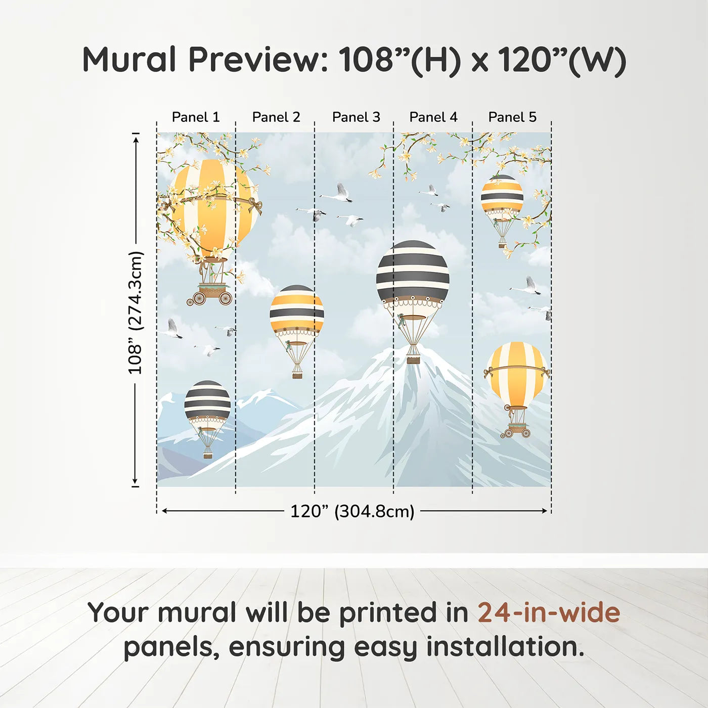 Whimsy Tots Vintage Balloon Festival Wall Muraldimension view (108" H x 120" W). Printed in five 24-inch-wide panels. Gender-Neutral