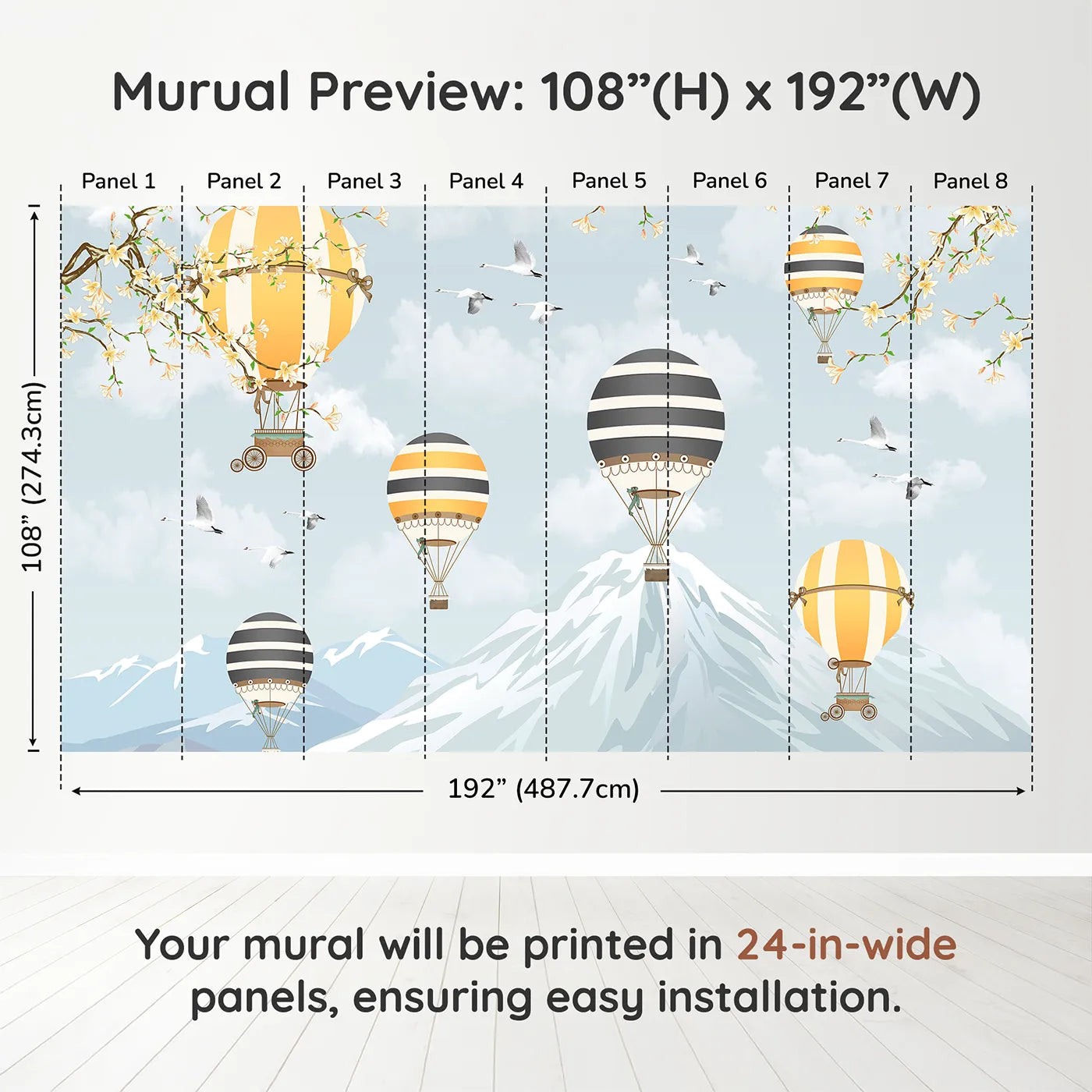 Whimsy Tots Vintage Balloon Festival Wall Muraldimension view (108" H x 192" W). Printed in eight 24-inch-wide panels. Gender-Neutral