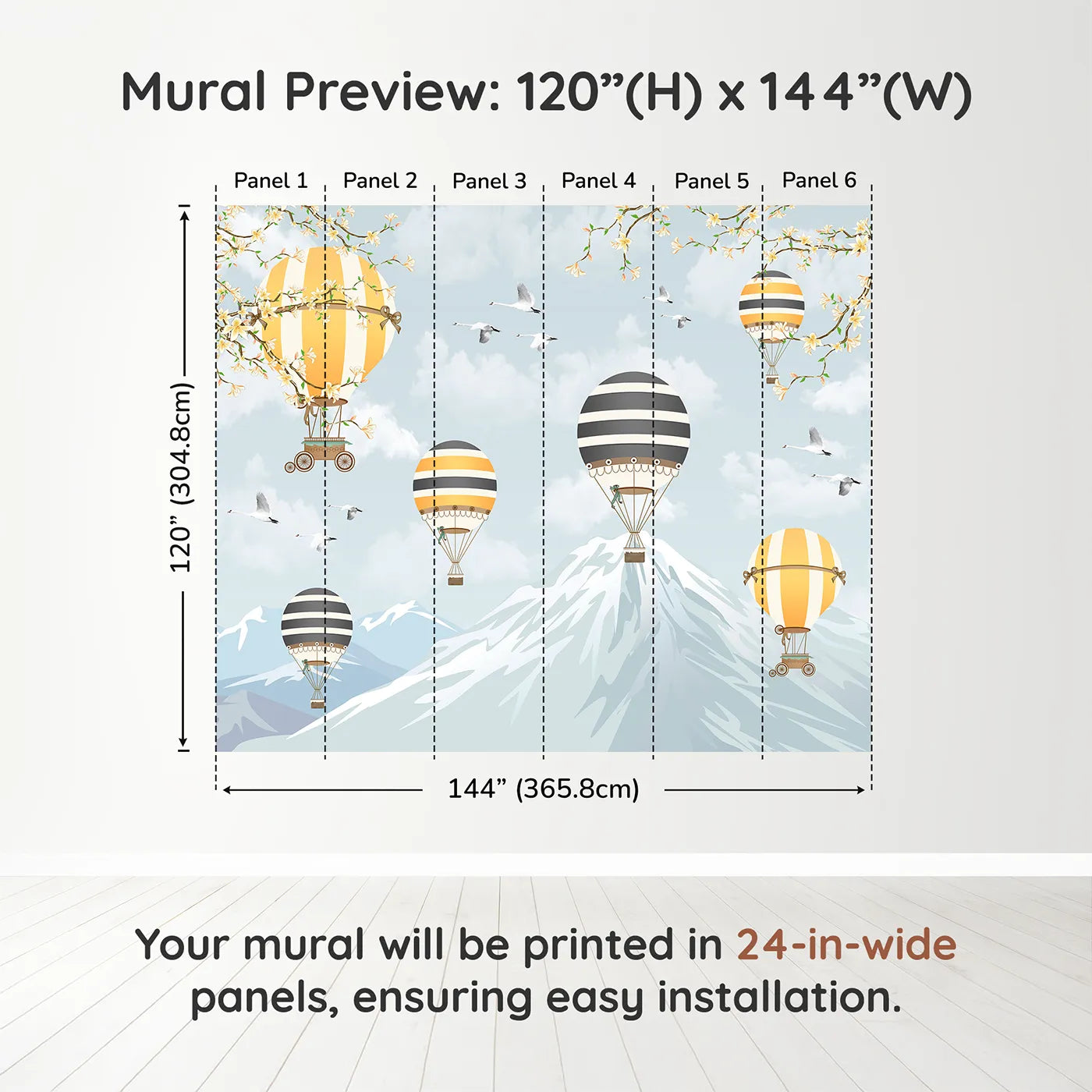 Whimsy Tots Vintage Balloon Festival Wall Muraldimension view (120" H x 144" W). Printed in six 24-inch-wide panels. Gender-Neutral