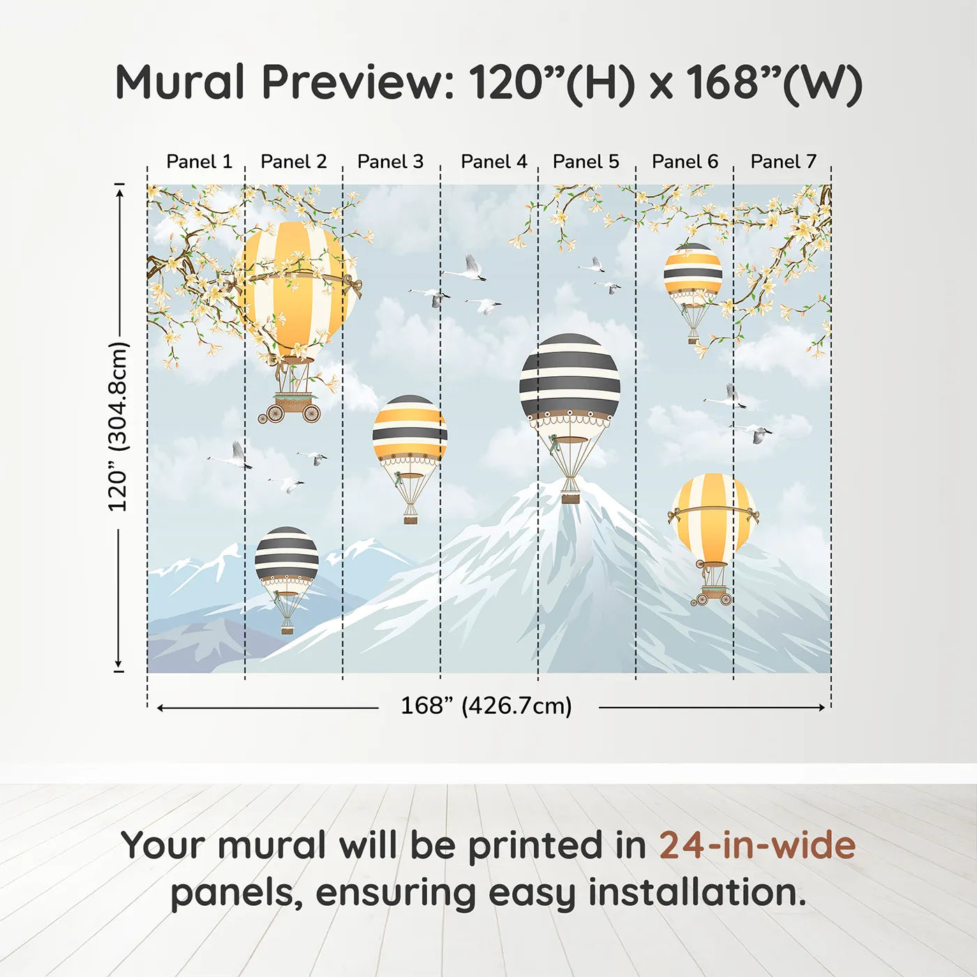 Whimsy Tots Vintage Balloon Festival Wall Muraldimension view (120" H x 168" W). Printed in seven 24-inch-wide panels. Gender-Neutral
