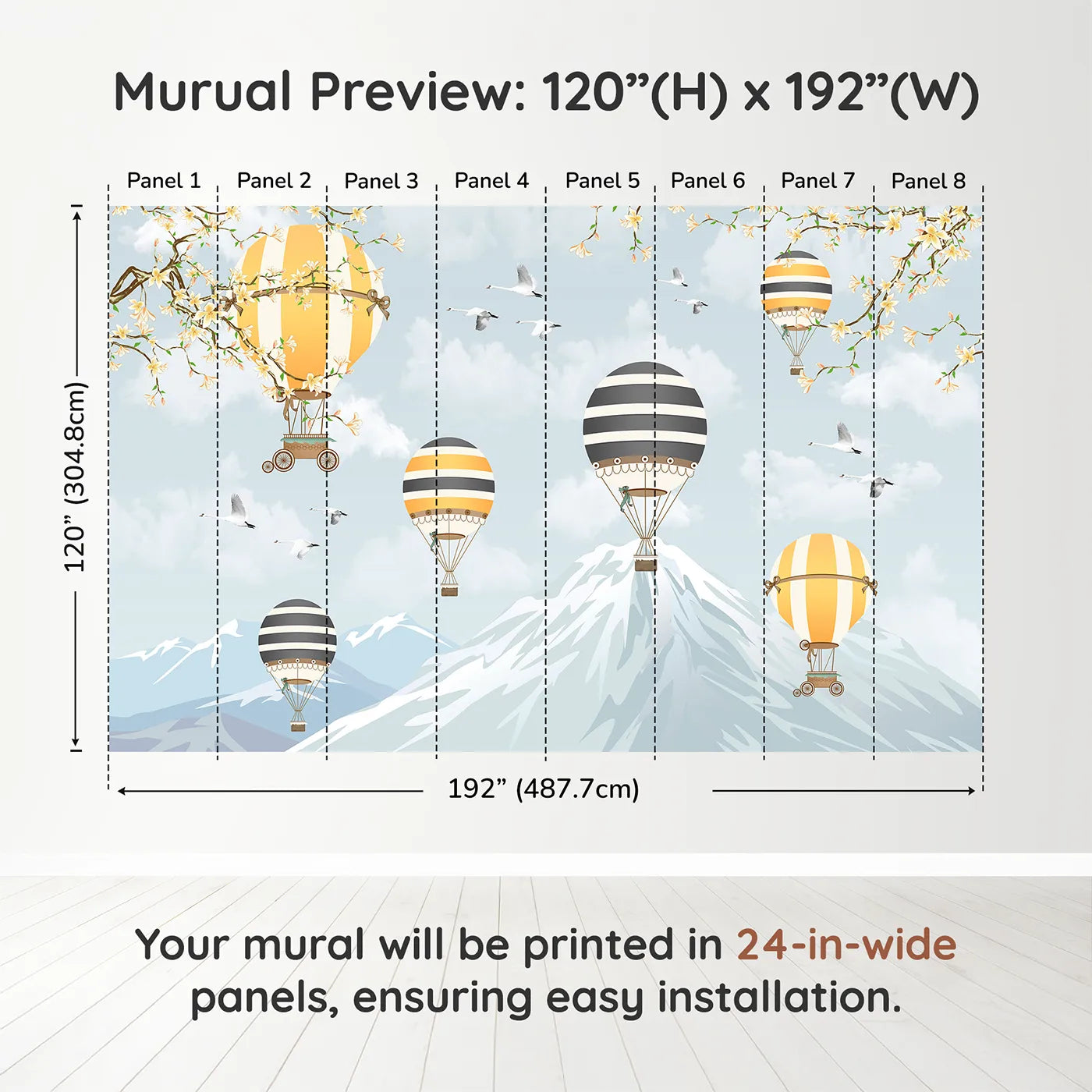 Whimsy Tots Vintage Balloon Festival Wall Muraldimension view (120" H x 192" W). Printed in eight 24-inch-wide panels. Gender-Neutral