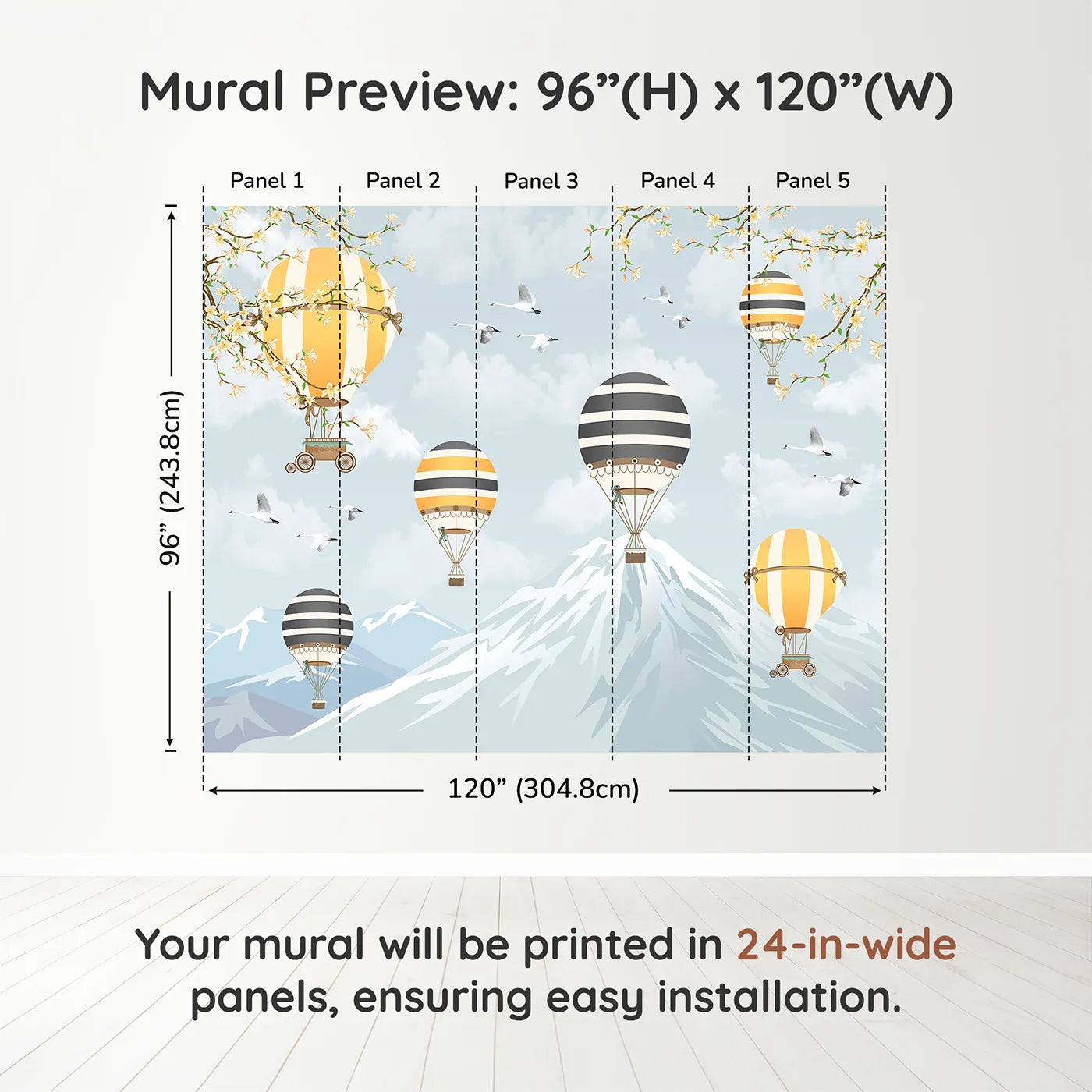 Whimsy Tots Vintage Balloon Festival Wall Muraldimension view (96" H x 120" W). Printed in five 24-inch-wide panels. Gender-Neutral