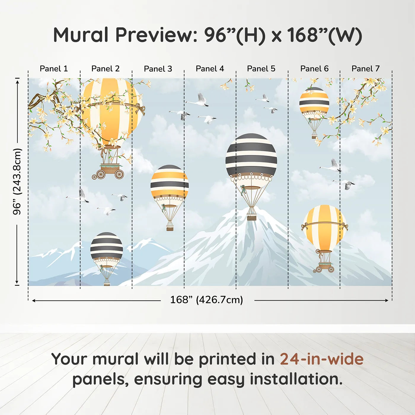 Whimsy Tots Vintage Balloon Festival Wall Muraldimension view (96" H x 168" W). Printed in seven 24-inch-wide panels. Gender-Neutral