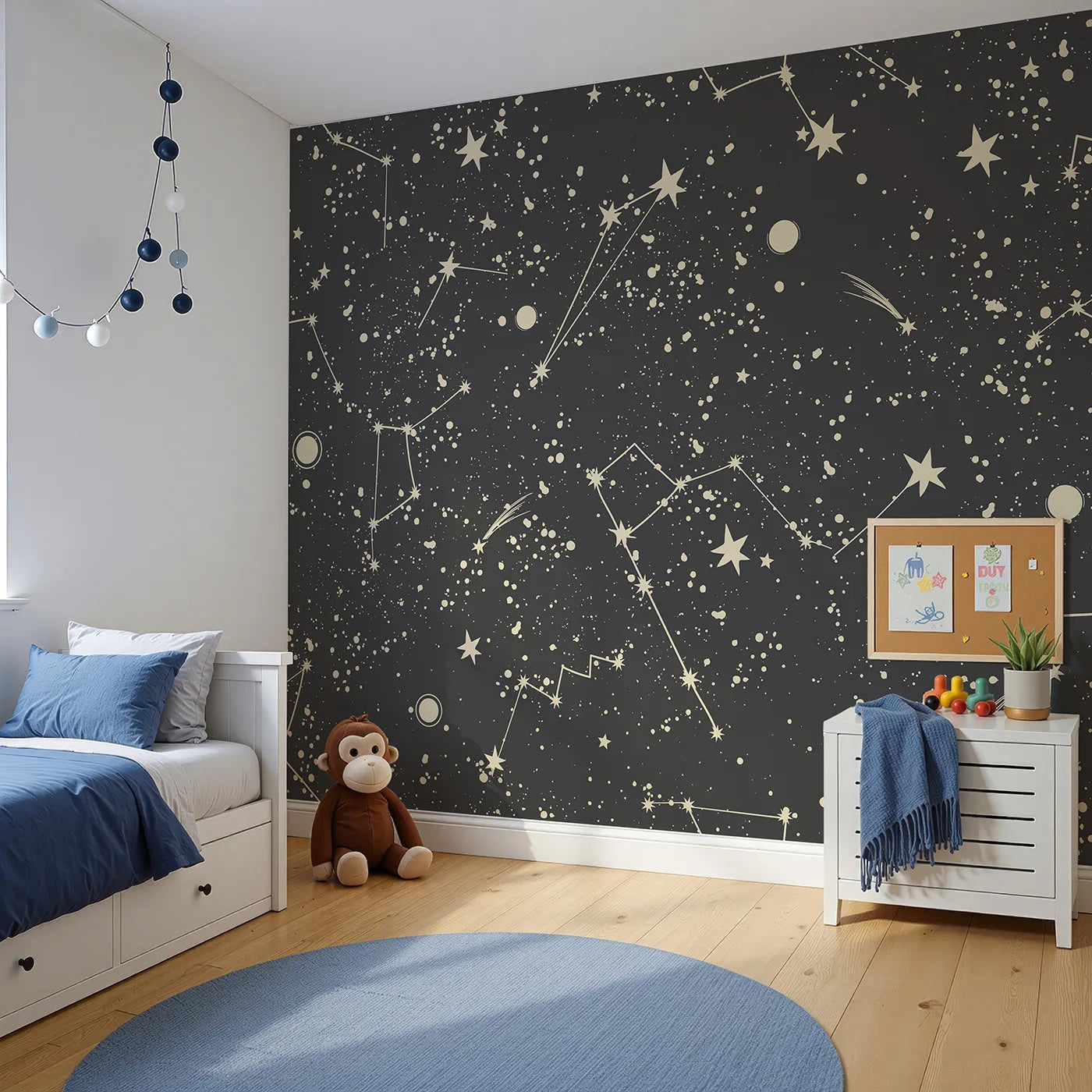 Angled view of Whimsy Tots' Vintage Constellation Map Wall Mural (Turn Their Room into a Classic Astronomer's Star Chart).Gender-Neutral